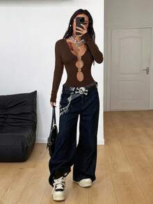 Coolane Women's Winter Streetwear Party Chic Y2K Gyaru Cutout Stretchy Long Sleeve V-Neck Brown Bodysuit - Brown - View 5