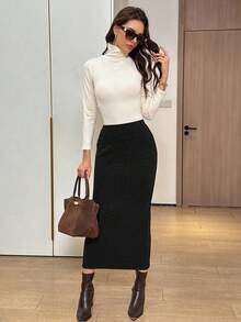 Easowa Váy dài thanh lịch họa tiết kaki thu đông cho nữ - màu đen - Xem 5