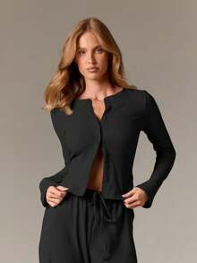 AiiRZ 罗纹开衫阔腿裤套装秋冬休闲套装柔软针织纽扣前长袖阔腿裤舒适休闲装日常舒适 - 黑色 - 查看 4