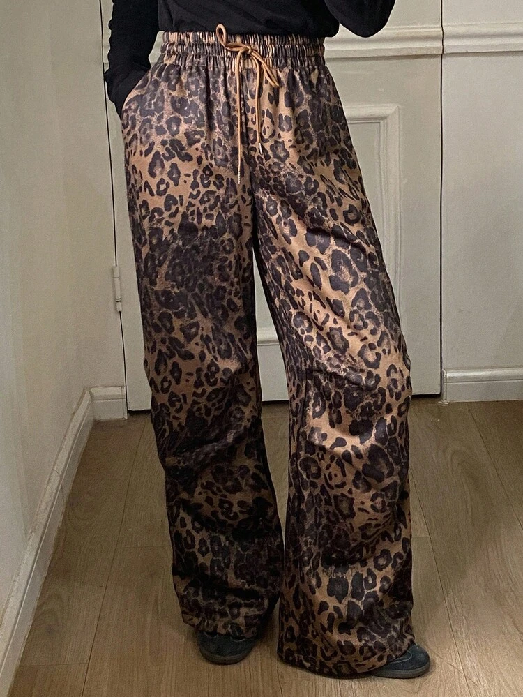 Leopard Print Loose Thermal Lined Thick Elastic Waist Casual Street Style Sweatpants For Women, Autumn/Winter Women Joggers Y2k