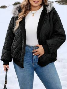 SHEIN CURVE+ 女士加大码绗缝连帽短款棉服外套，秋冬新品 - 黑色 - 查看 5