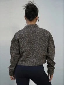 SAYEHFBABY Women's Front-Button Long Sleeve Casual Leopard Print Washed Denim Jacket - Multicolor - View 2
