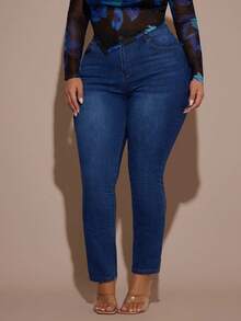 SHEIN BAE Plus Size High Waist Water Wash Jeans - Dark Wash - View 1