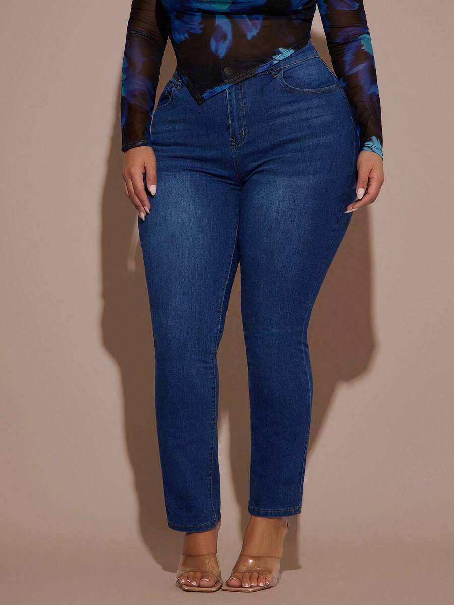 SHEIN BAE Plus Size High Waist Water Wash Jeans - Dark Wash - View 1