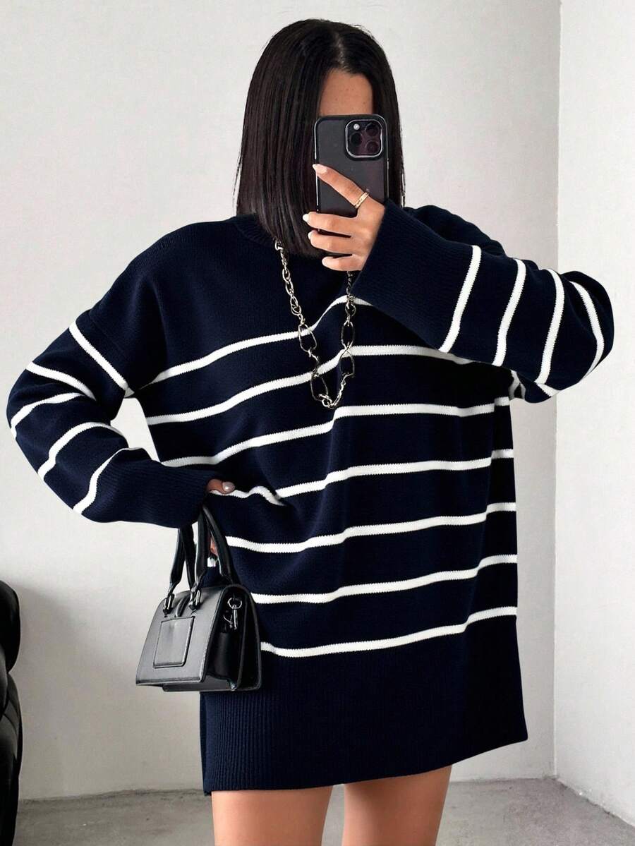 EURMUSE Women's Striped Drop Shoulder Sweater - Navy Blue - View 1