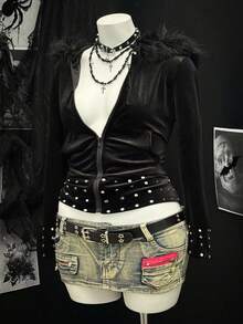 Sunspun Plus Size Women Sexy Hooded Faux Fur Zipper Studded Long Sleeve Jacket Sweatshirt Sweatshirt, Autumn/Winter