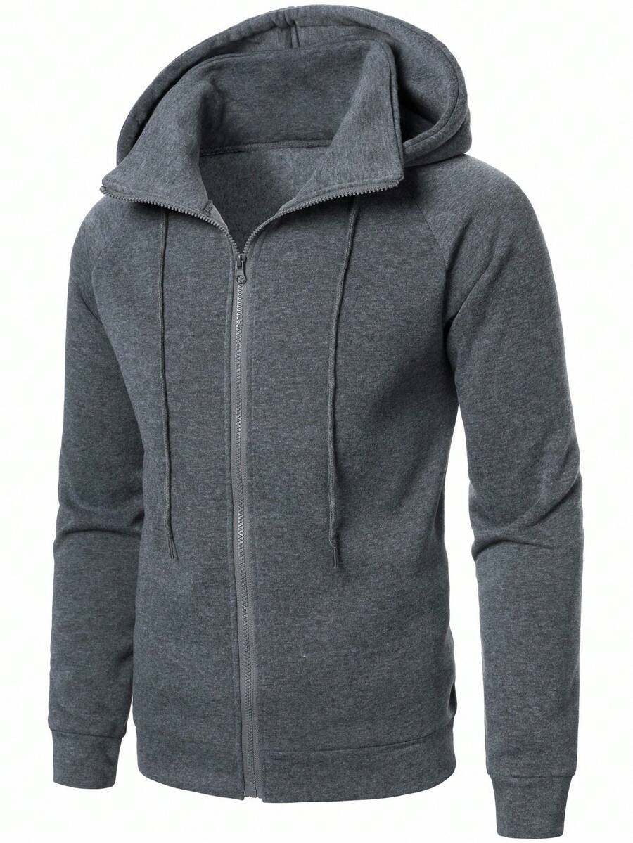 Manfinity Homme 男士休闲基础款拉链抽绳连帽衫，秋季款 - 深灰色 - 查看 1