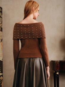 Chiquease Women's Elegant Off-Shoulder Pullover,Rhinestone Long-Sleeved Sweater In Shades Of Brown For Autumn Tea Party,Fall Halloween Party Sweater - Coffee Brown - View 7