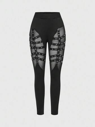 EDITION Gothic Punk Style Women's Skinny Leggings With Straps And Rivets