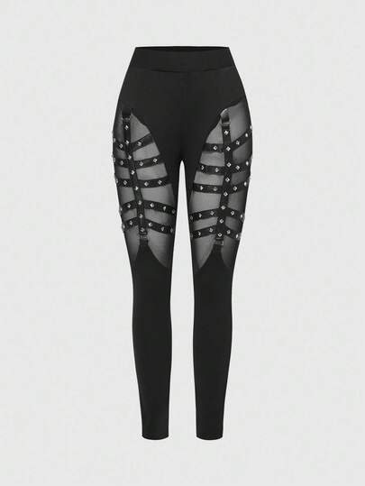 EDITION سروال ضيق للنساء بطراز جوثيك بانك مزين بأشرطة وبراشيم