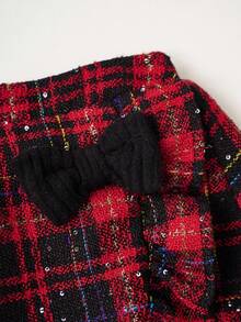 PrepCrw 2 Stücke Elegantes, vielseitiges, klassisches Weihnachts-Set für Kleine Mädchen in Rot, Grün und Schwarz kariert mit Rüschensaum Rock und schwarzem Rollkragen Shirt mit Puffärmeln, geeignet für Freizeitausflüge, Zusammenkünfte, Feiertage, Herbst und Winter - Verschiedenfarbig - Übersicht 6