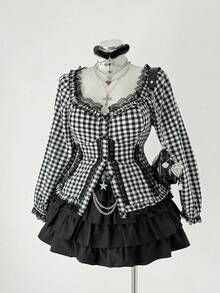 Sunspun Plus Size Women Contrast Lace Plaid Single-Breasted Shirt And Cake Skirt Fashion 2 Pieces Set - Black - View 6