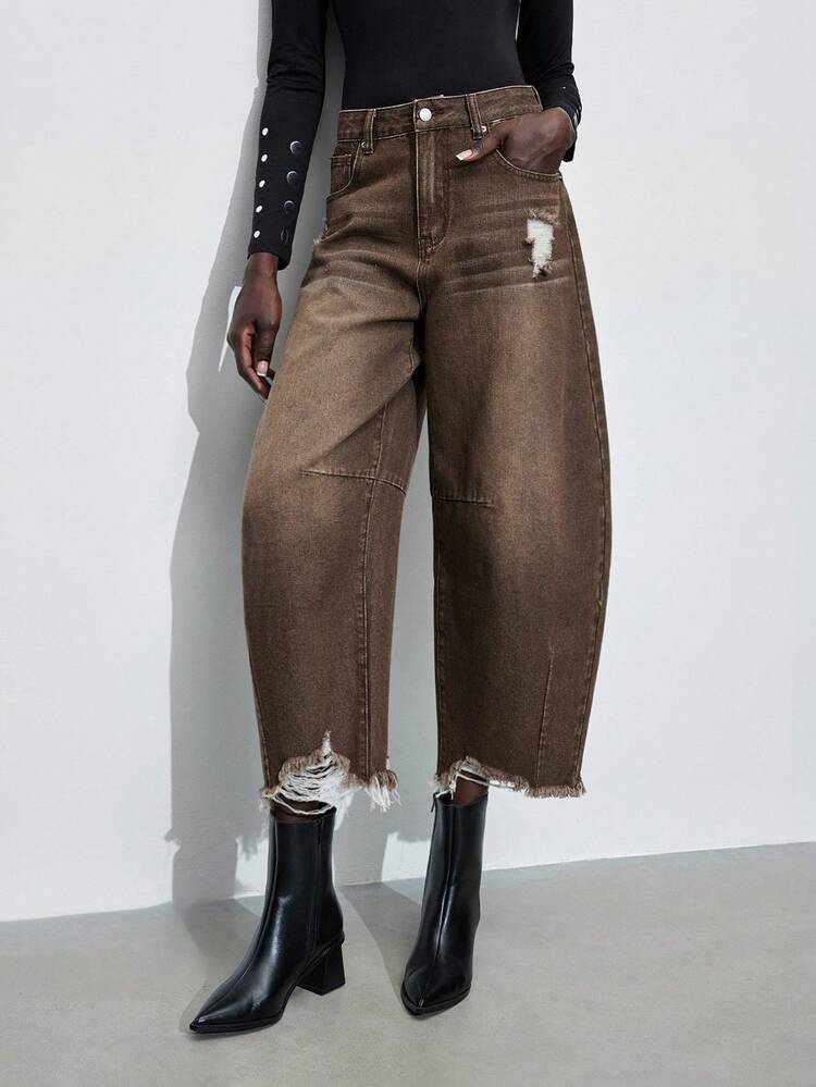 SHEIN Maija Women's High Waist Pockets Distressed Loose Tapered Jeans, Casual Urban Commute Business Wear, Office, Party, Autumn/Winter