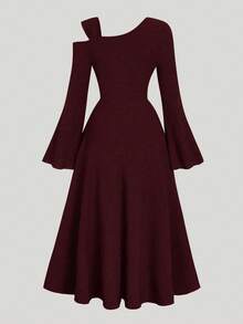 Auvina Plus Size Women's Solid Color Knitted Ribbed Asymmetric Shoulder Flare Sleeve Ruffle Trim Bodycon Maxi Elegant Party Dress - Burgundy - View 2