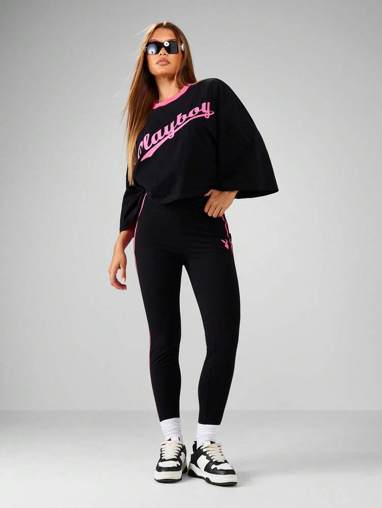 Missguided x Playboy Logo Two Piece Outfit Bell Sleeve Crop Top And High Rise Legging Set With Pink Side Stripes Fall Winter Loungewear Coord Set