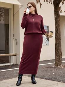 Easura 2pcs Plus Size Set, Casual Loose Collar Dropped Shoulder Sweater And Skirt Suit