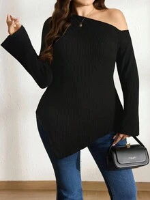 Comfylo 大码女式纯色不对称肩长袖罗纹不对称下摆休闲T恤，适合冬季、秋季和冬季圣诞节、新年、感恩节派对等场合穿着。 - 黑色 - 查看 2