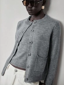 Lumivelle 2pcs Knitted Long Sleeve Cardigan & Sleeveless Knit Vest Set, Versatile Button Up Cardigan Grey Cardigan - Grey - View 1