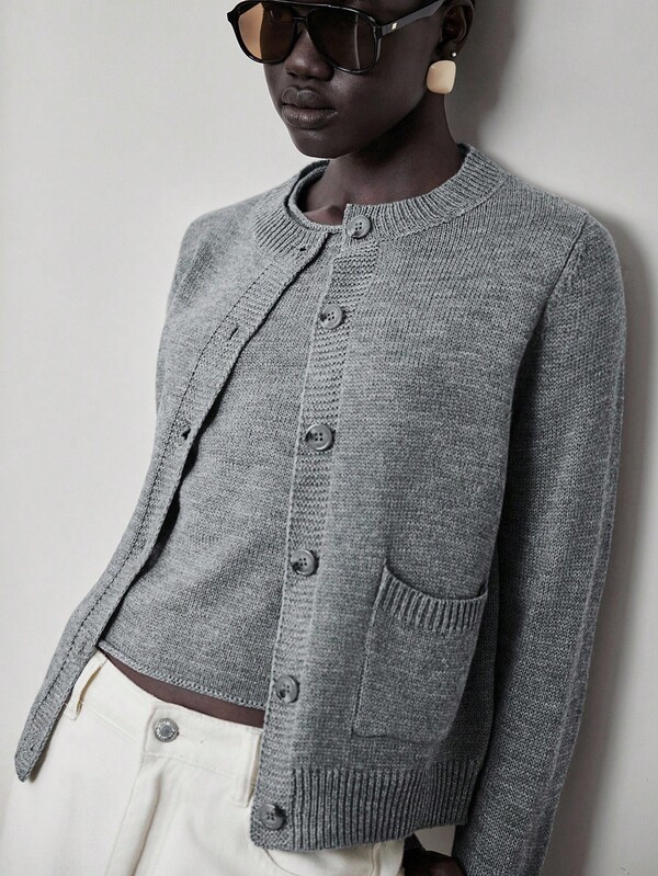 Lumivelle 2pcs Knitted Long Sleeve Cardigan & Sleeveless Knit Vest Set, Versatile Button Up Cardigan Grey Cardigan