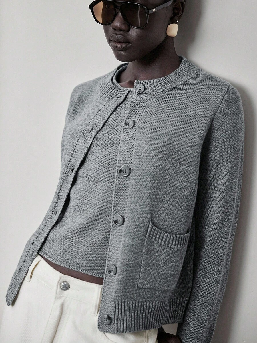 Lumivelle 2pcs Knitted Long Sleeve Cardigan & Sleeveless Knit Vest Set, Versatile Button Up Cardigan Grey Cardigan - Grey - View 1