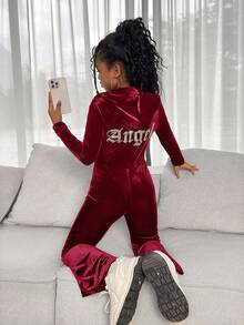 SHEIN 青少年女孩秋冬休闲时尚百搭针织天鹅绒连帽拉链后钻修身喇叭裤，周末休闲外出，节日派对，圣诞节 - 酒紅色 - 查看 5