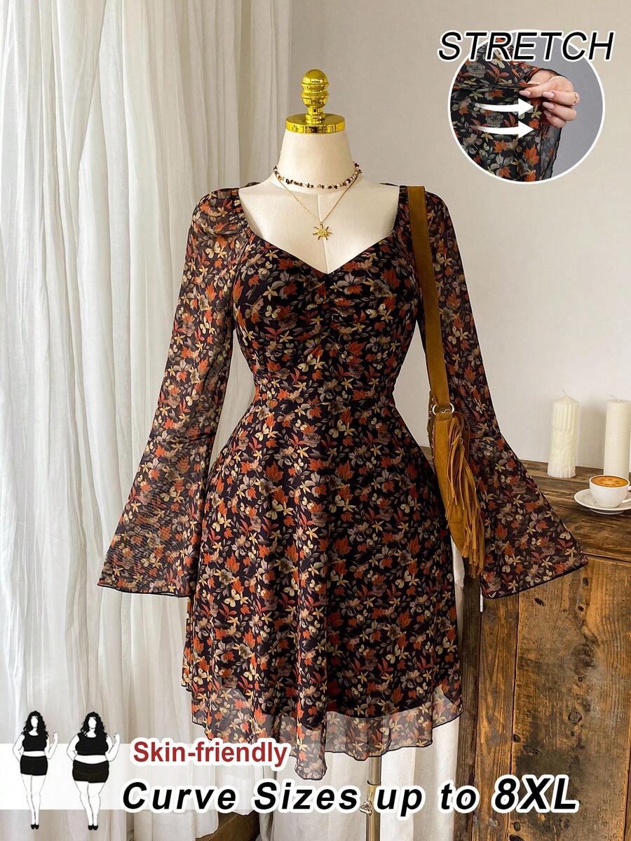 SHEIN CURVE+ 大码女装秋冬休闲风棕色枫叶长袖连衣裙 - 彩色 - 查看 1