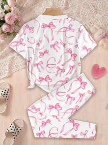 SHEIN 青少年女孩休闲可爱甜美粉色蝴蝶结印花，粉色芭蕾风格，短袖圆领T恤上衣和紧身打底裤家居服套装，女孩风格，日式甜美，日本少女时尚，休闲舒适 - 彩色 - 查看 4