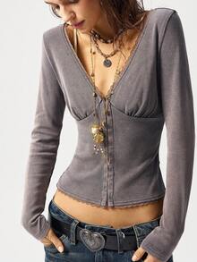 Bohemela Casual Color Block V-Neck Long Sleeve Fitted Women Top