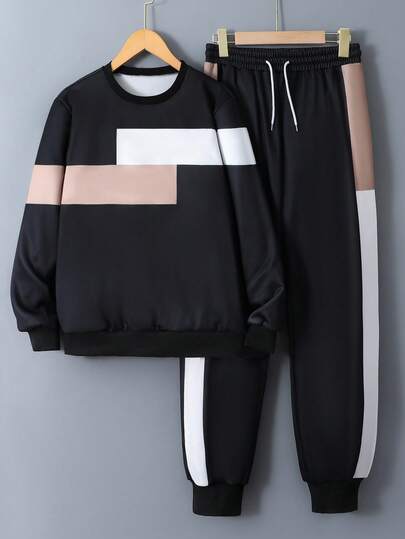 2 件套休闲撞色设计圆领套头衫套装，适合青少年男孩，适合日常通勤和运动穿着