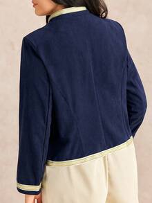 SHEIN LUNE Plus Size Women's Vintage High-End Design Ribbon Splice Stand Collar Long Sleeve Embroidered Cropped Cardigan, Versatile - Navy Blue - View 2