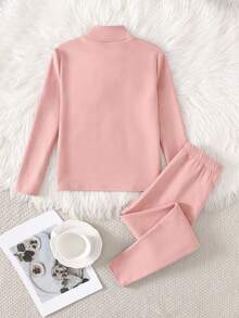 SHEIN Tween Girls 2 Pieces Cozy Thermal Lined Bow Print Long Sleeve Shirt And Pants Set, Soft And Warm Pajamas For Autumn And Winter Girls Cute Set Girls Bow Pajamas - Baby Pink - View 3