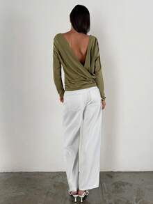 Aloruh Camiseta de manga larga holgada con cuello drapeado y espalda descubierta para mujer, nueva para otoño/invierno - Verde Oliva - Ver 3