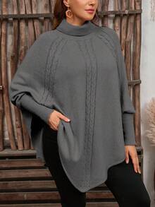 EMERY ROSE Women's Solid Color Knitted Button High Neck Batwing Long Sleeve Cape Style Fitted Elegant Sweater, Autumn/Winter - Grey - View 5