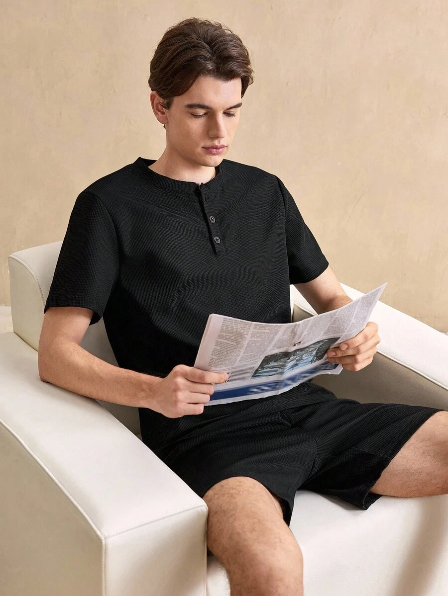 Casual Spring Henry Collar Men's Pajama Set - Black - View 1