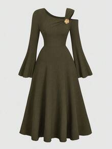 Elenzga Plus Size Women's Solid Color Knitted Ribbed Asymmetric Shoulder Flare Sleeve Ruffle Trim Bodycon Maxi Elegant Party Dress