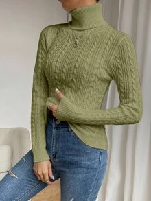 EMERY ROSE Casual Solid Color Turtleneck Sweater, Autumn/Winter - Army Green - View 7