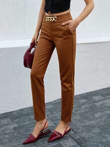 RueChic Chain Detail Tapered Suit Pants - Camel - View 3