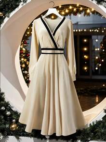 GlowEve Women's Velvet Color Block V-Neck Waist Fit & Flare Elegant Dress, Suitable For Daily, Commute, Business, French Romantic, Party, Christmas, Autumn/Winter, Long Sleeve, Apricot