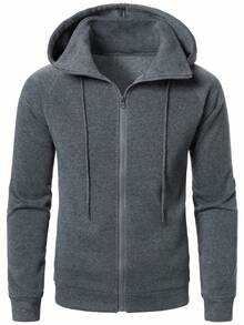 Manfinity Homme 男士休闲基础款拉链抽绳连帽衫，秋季款 - 深灰色 - 查看 3