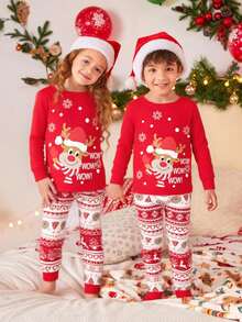 SHEIN 2pcs Girls Christmas Reindeer Pajama Set, Snug Fit Soft & Skin-Friendly Round Neck Long Sleeve Top And Long Pants, Cute Holiday Sleepwear, Christmas & New Year Gift Recommendation Snug Fit Family Christmas Matching Pajamas Set - Red - View 1