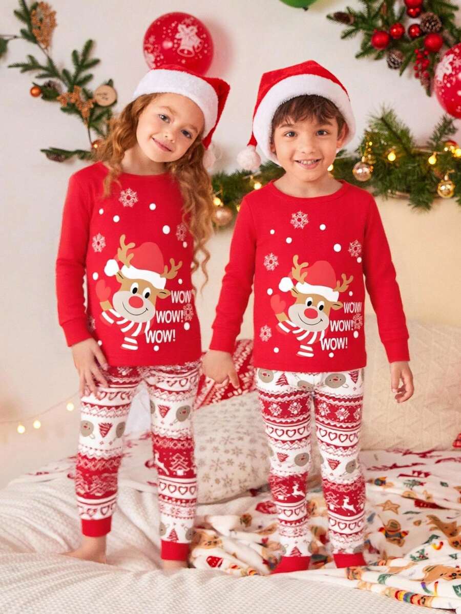 SHEIN 2pcs Girls Christmas Reindeer Pajama Set, Snug Fit Soft & Skin-Friendly Round Neck Long Sleeve Top And Long Pants, Cute Holiday Sleepwear, Christmas & New Year Gift Recommendation Snug Fit Family Christmas Matching Pajamas Set - Red - View 1