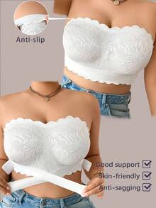 SHEIN 1pc Plus Size Lace Patchwork Wireless Bandeau Bra Strapless Bra White Strapless Bra Strapless Bra For Big Boobs