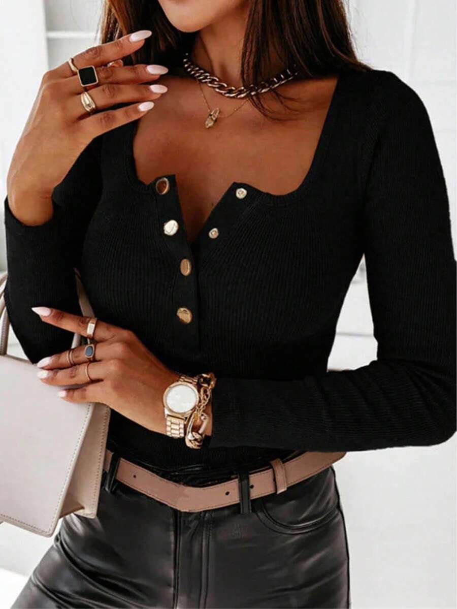 INAWLY Plus Size Fitted Sexy Square Neck Button Long Sleeve T-Shirt - Black - View 1