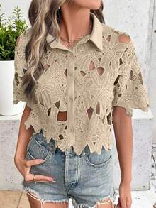 SHEIN LUNE Women's Floral Hollow-Out Short Sleeve Single-Breasted Fashion Shirt - Khaki - View 4