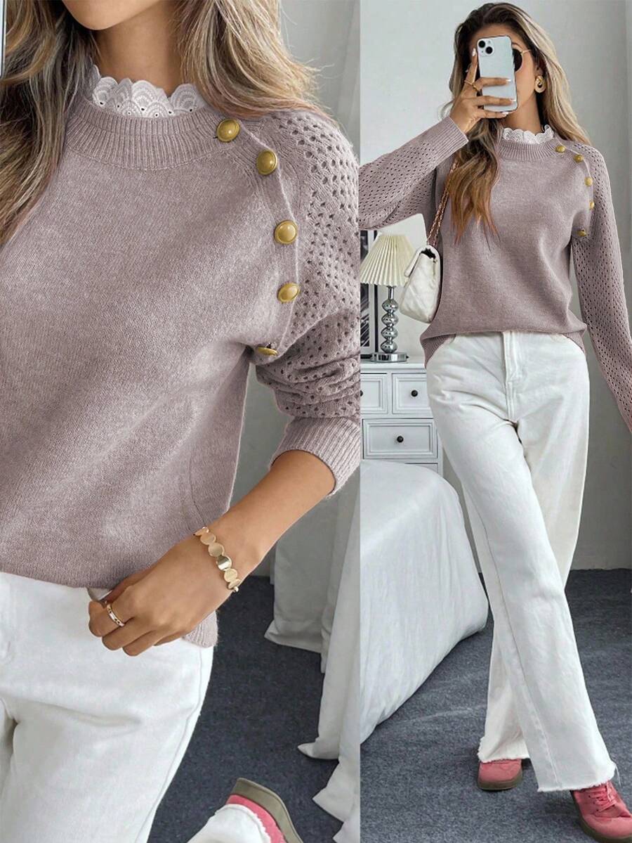 SHEIN LUNE 全新花卉装饰圆领宽松休闲女式毛衣 - 卡其色 - 查看 1