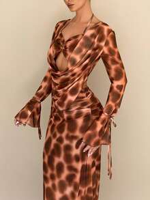 Rafferiza Women's Leopard Print Mesh 2 Pieces Set, Sexy Bodycon Skirt And Plunging Neck Top, Autumn/Winter - Multicolor - View 6