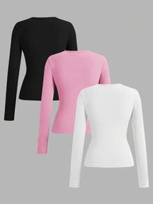 SHEIN EZwear Bộ 3 áo thun dài tay lót nỉ cổ chữ V sâu ôm vừa vặn thoải mái cho nữ, phù hợp cho mùa thu/đông - Nhiều màu - Xem 2