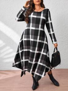 EMERY ROSE Plus Size Women Plaid Print Asymmetrical Hem Casual A-Line Long Sleeve Knit Dress - Black - View 1