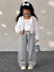 Coolane Kids Tween-Mädchen Herbst/Winter Graue lange, weite Jogginghose mit umklappbarem Bund, Kordelzug zum Binden, schrägen Taschen, geradem Bein, lässigem Streetstyle, Damen-Abschlusshose