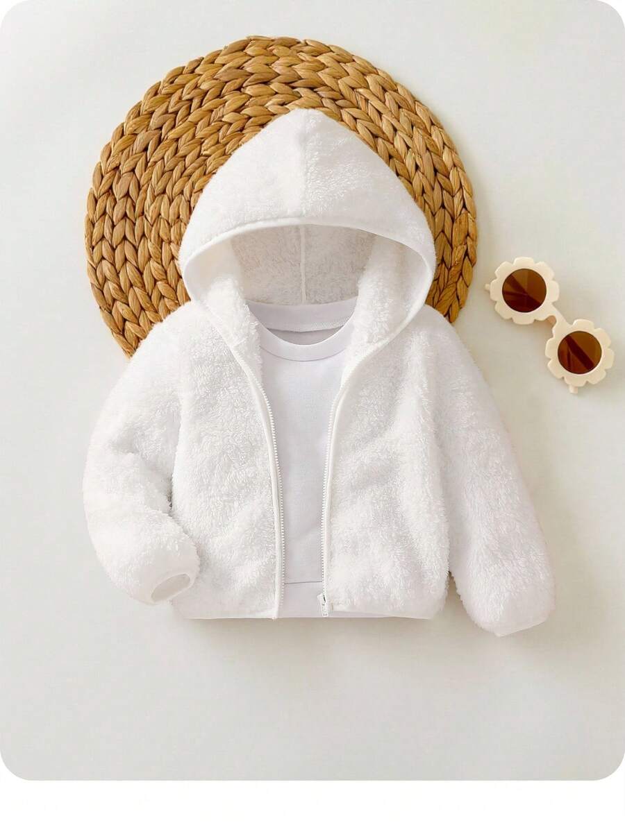 SHEIN Chaqueta con capucha suave y cómoda de forro polar reversible y holgada, versátil y apropiada para otoño/invierno para bebé niño/niña - Blanco - Ver 1
